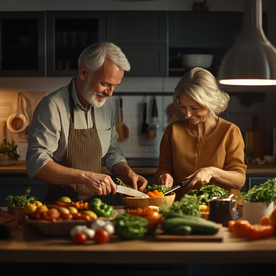 Літня пара готує здорову їжу на кухні